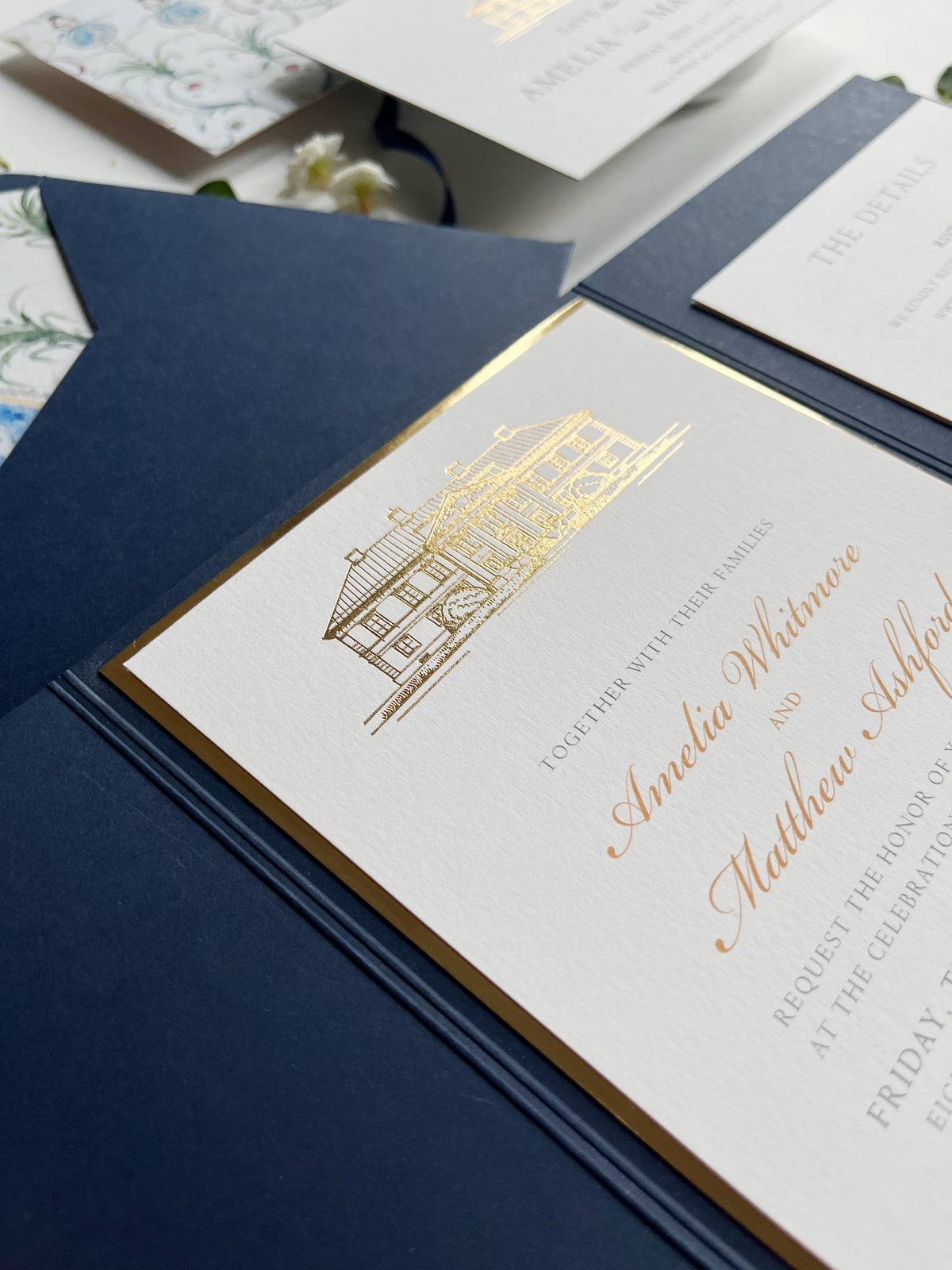 Navy & Gold Pocketfold Wedding Invitation Suite with Gold Foil Venue & Wax Seal