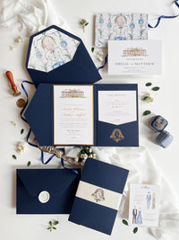 Navy & Gold Pocketfold Wedding Invitation Suite with Gold Foil Venue & Wax Seal