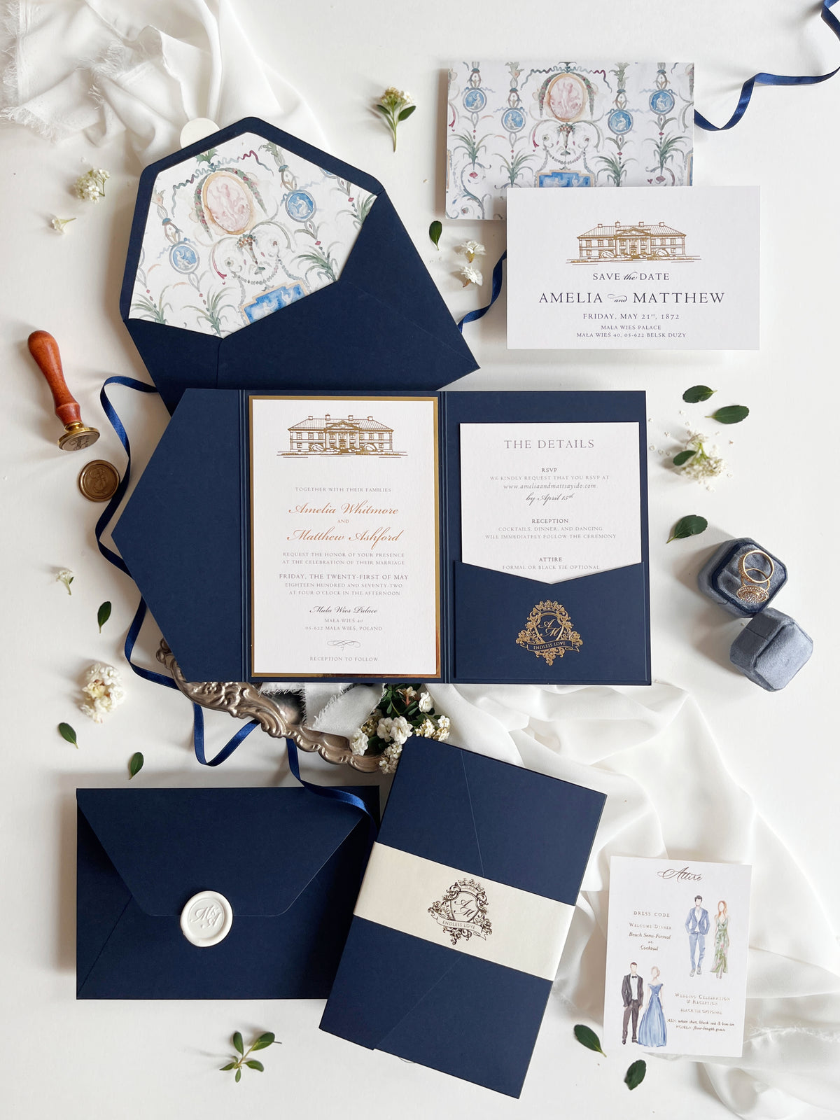 Navy & Gold Pocketfold Wedding Invitation Suite with Gold Foil Venue & Wax Seal