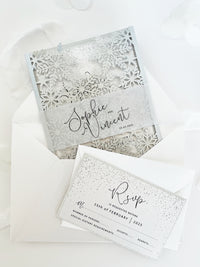 Silver Glitter Winter Wonderland Invitation, Laser Cut Snowflakes with Belly Band, Winter Wedding