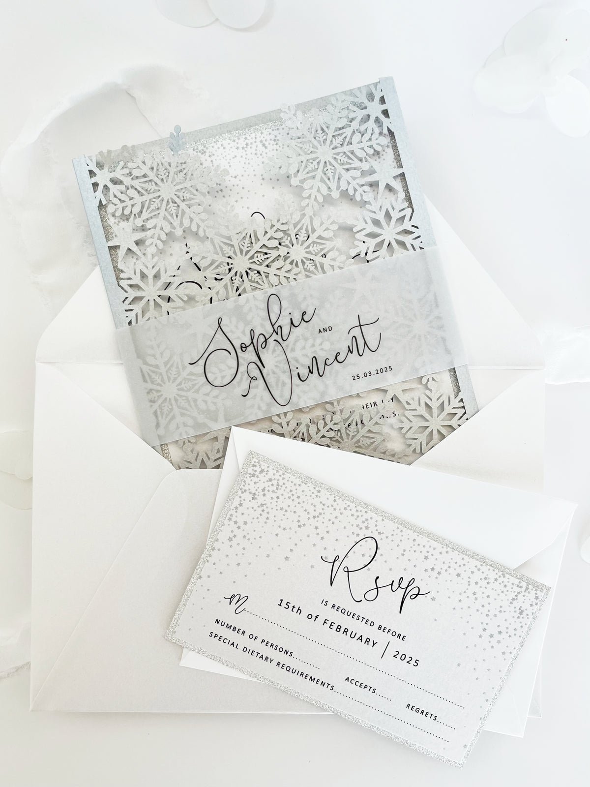 Silver Glitter Winter Wonderland Invitation, Laser Cut Snowflakes with Belly Band, Winter Wedding