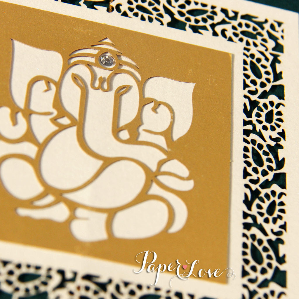 Ganesh Indian Asian Muslim Wedding Invitation Personalised, Laser Cut With Crystals
