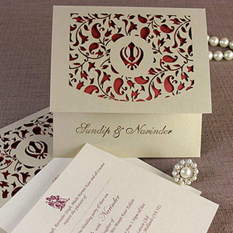 Luxury Intricate Lace Laser Cut Sikh Overlap Fold Indian Hindu Asian Wedding Invitation