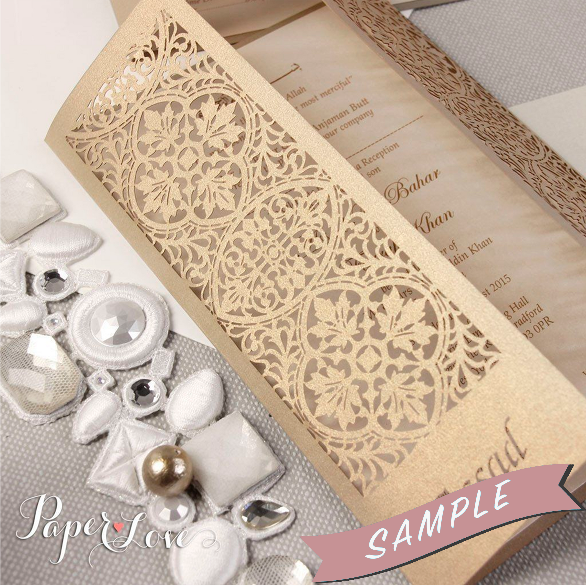 SAMPLE of ELEGANT GATEFOLD WEDDING DAY INVITATION PERSONALISED LASER CUT NAMES ON COVER ASIAN INDIAN GOLD