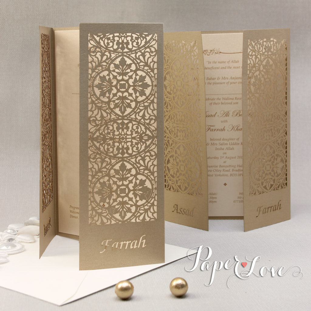 Elegant Gatefold Wedding Day Invitation Personalised Laser Cut Names On Cover Asian Indian Gold