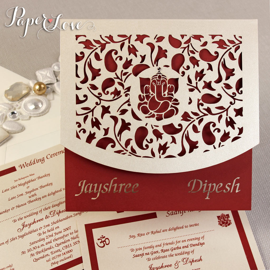 Asian Wedding Invitation, Laser Cut Ganesha On Cover, Names Bride & Groom