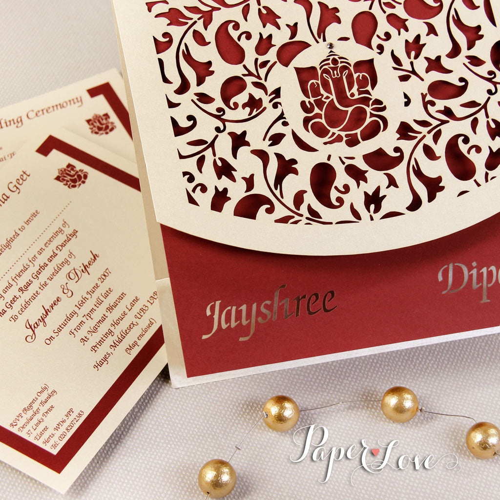 Asian Wedding Invitation, Laser Cut Ganesha On Cover, Names Bride & Groom