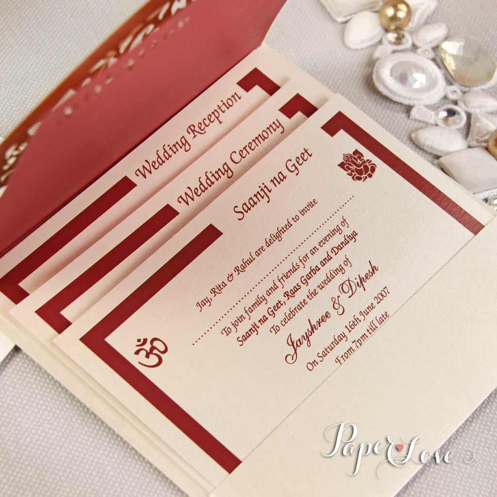 Asian Wedding Invitation, Laser Cut Ganesha On Cover, Names Bride & Groom