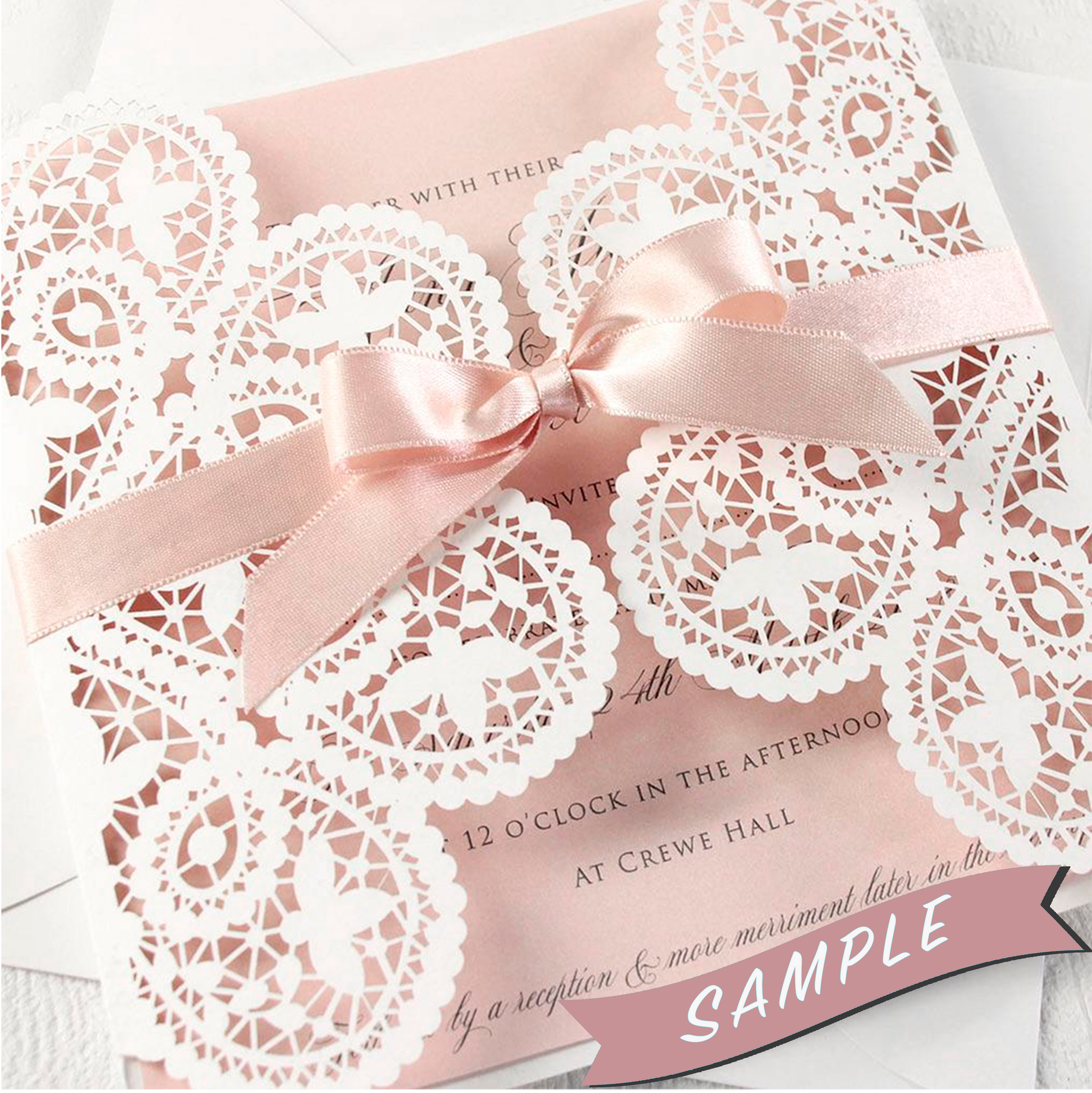 SAMPLE of ROMANTIC LASER CUT WEDDING DAY EVENING INVITATION
