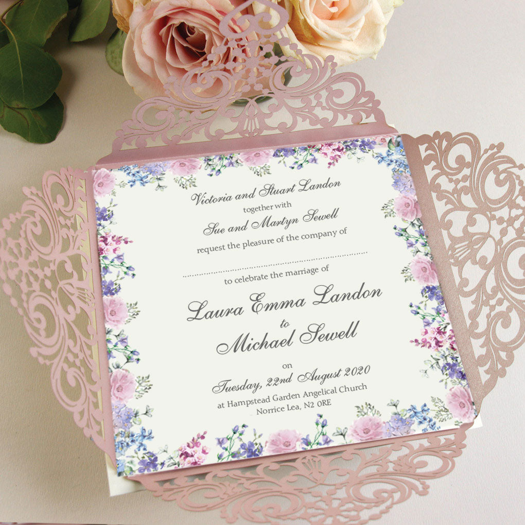 SAMPLE of BEAUTIFUL PINK LASER CUT SQUARE WEDDING DAY INVITATION POCKET