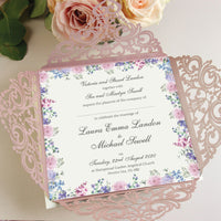 SAMPLE of BEAUTIFUL PINK LASER CUT SQUARE WEDDING DAY INVITATION POCKET