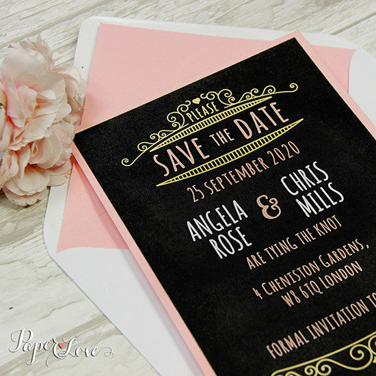 Save The Date Card, Black Background, Lined Envelope