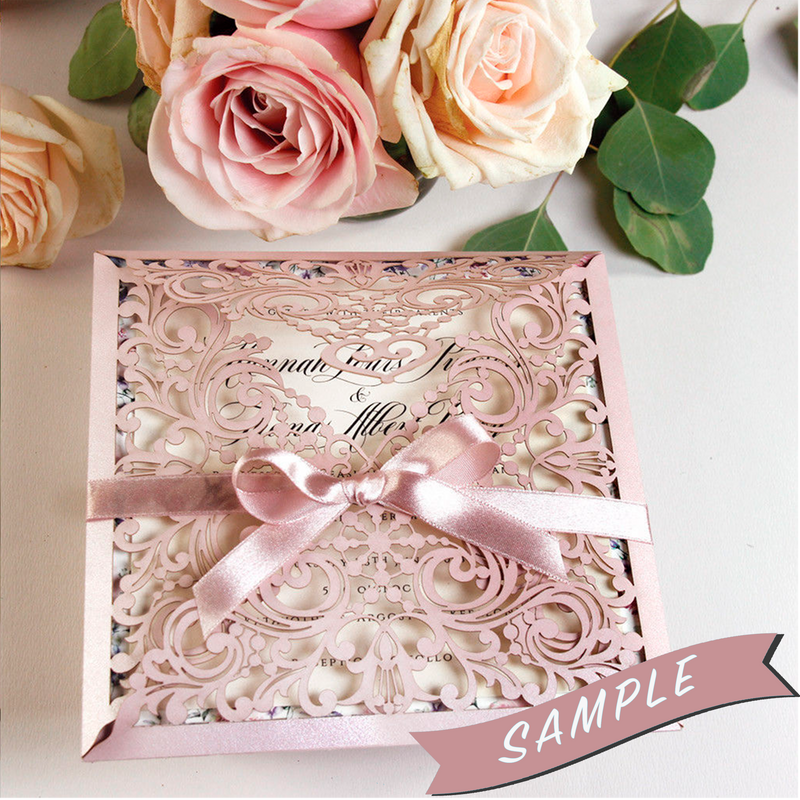 SAMPLE of BEAUTIFUL PINK LASER CUT SQUARE WEDDING DAY INVITATION POCKET