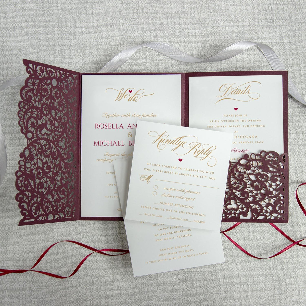 Burgundy Pocketfold Laser Cut Invitations