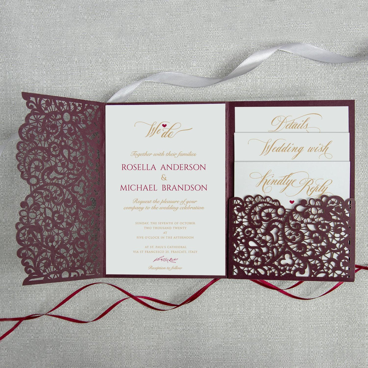 Burgundy Pocketfold Laser Cut Invitations
