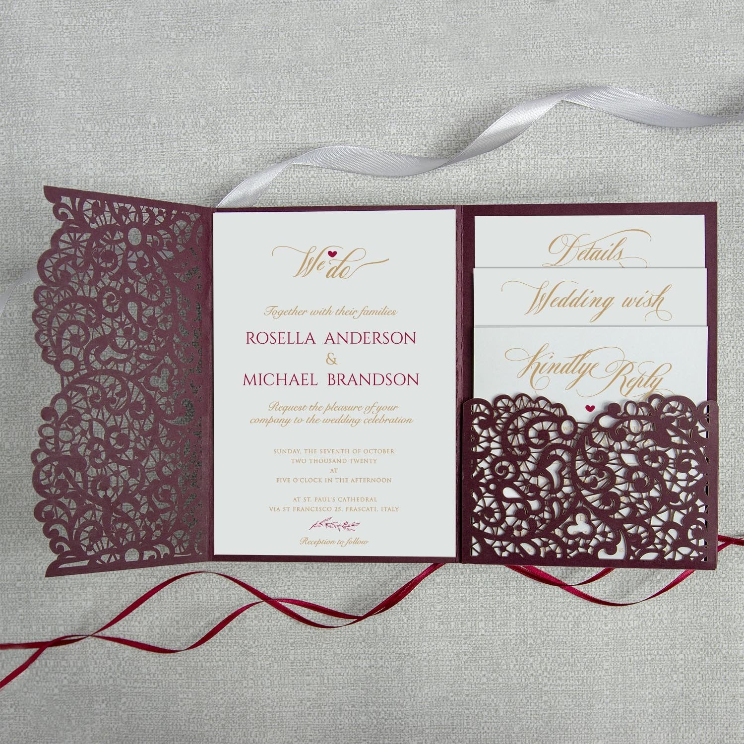 Burgundy Pocketfold Laser Cut Invitations