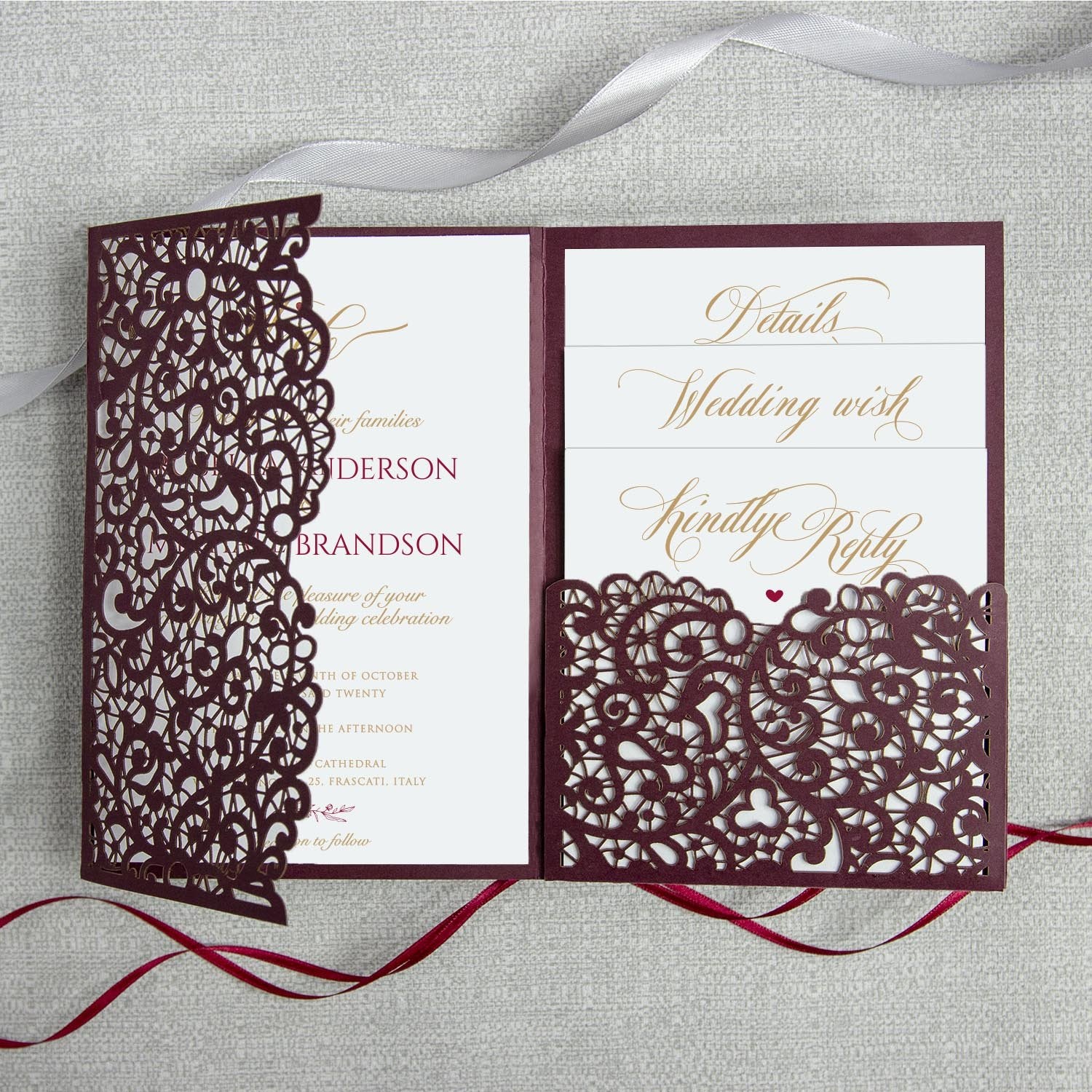 Burgundy Pocketfold Laser Cut Invitations