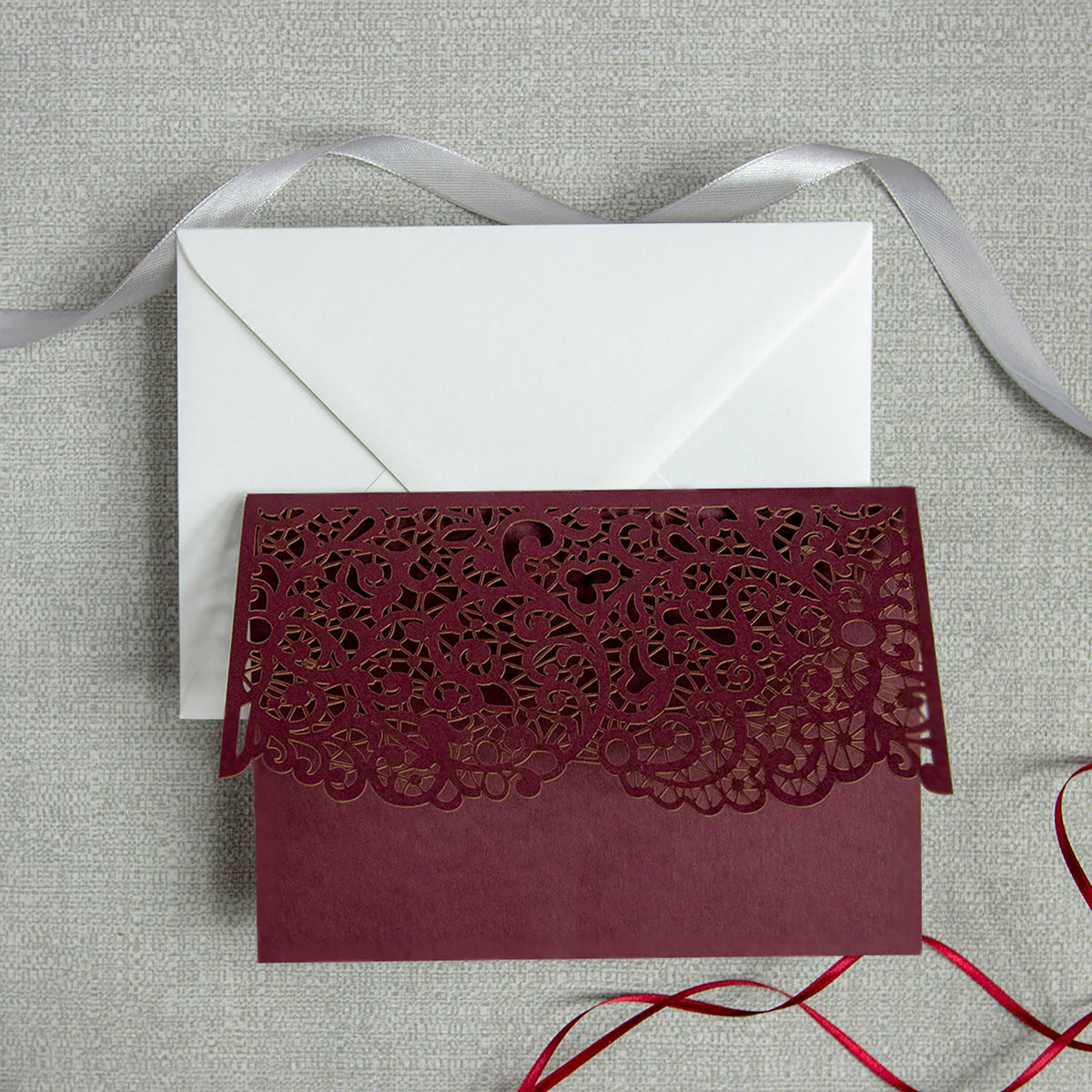 Personalised Laser Cut Pocketfold Wedding Card with 4 inserts and Envelopes - Bordeaux Wine