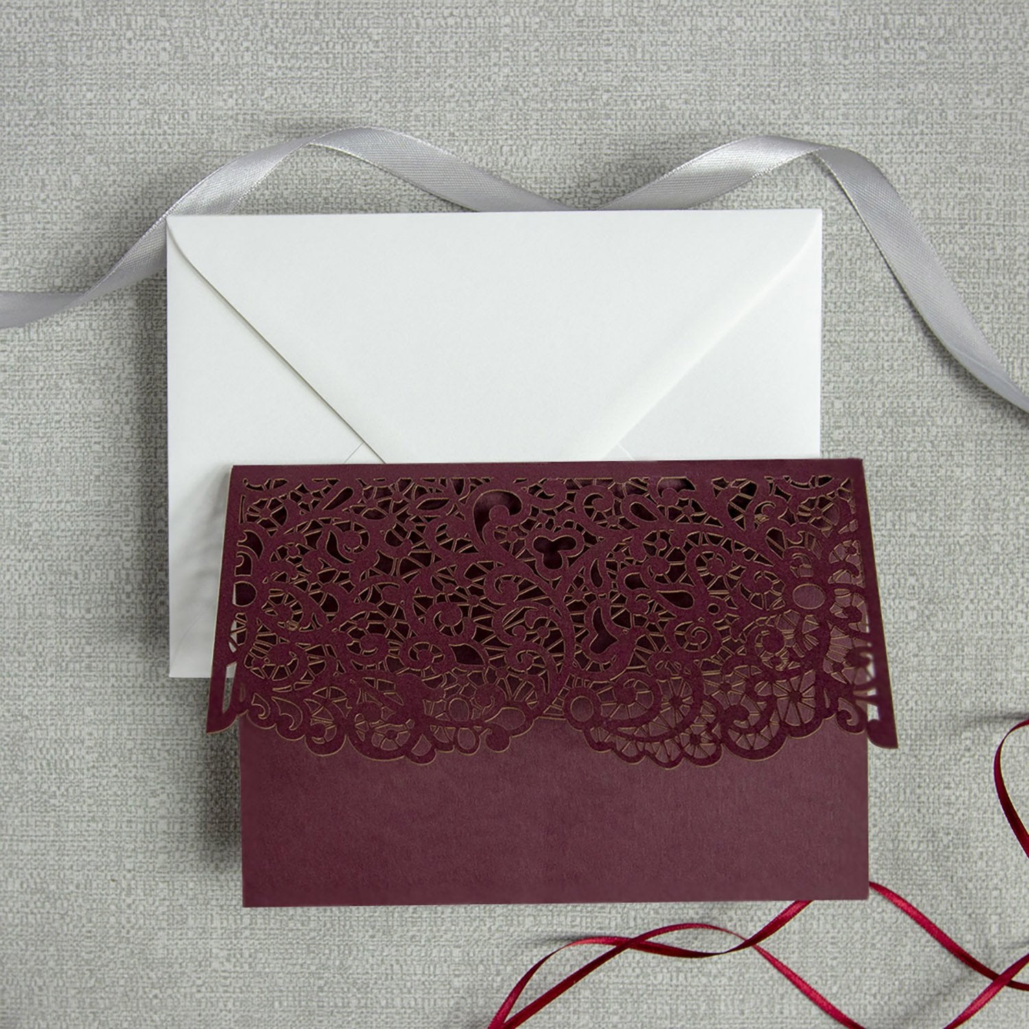 Burgundy Pocketfold Laser Cut Invitations
