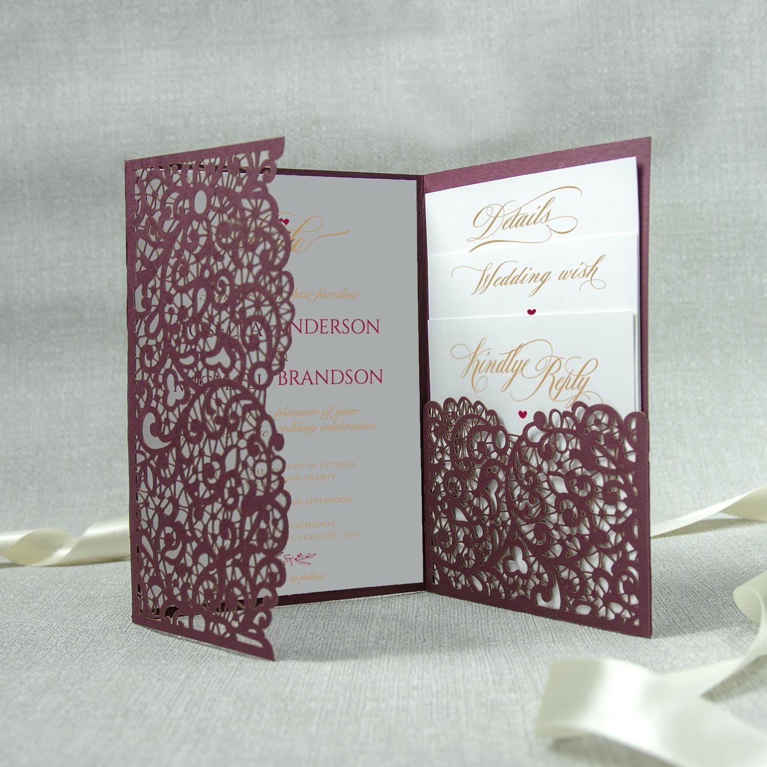 Burgundy Pocketfold Laser Cut Invitations
