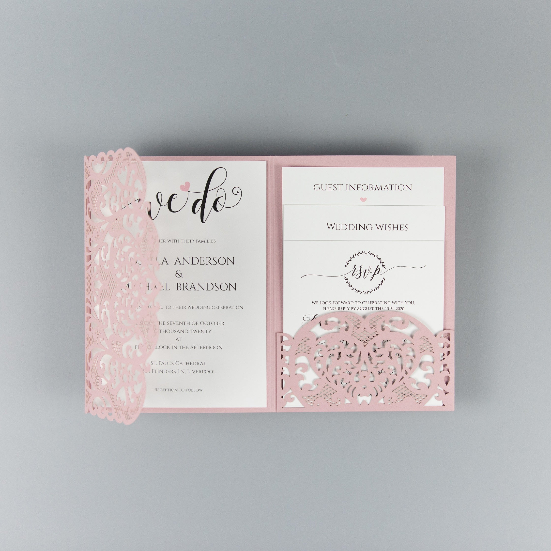 Pink Pocketfold Elegant Lace Floral Wedding Invitations