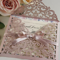 Beautiful Pink Laser Cut Square Wedding Day Invitation Pocket