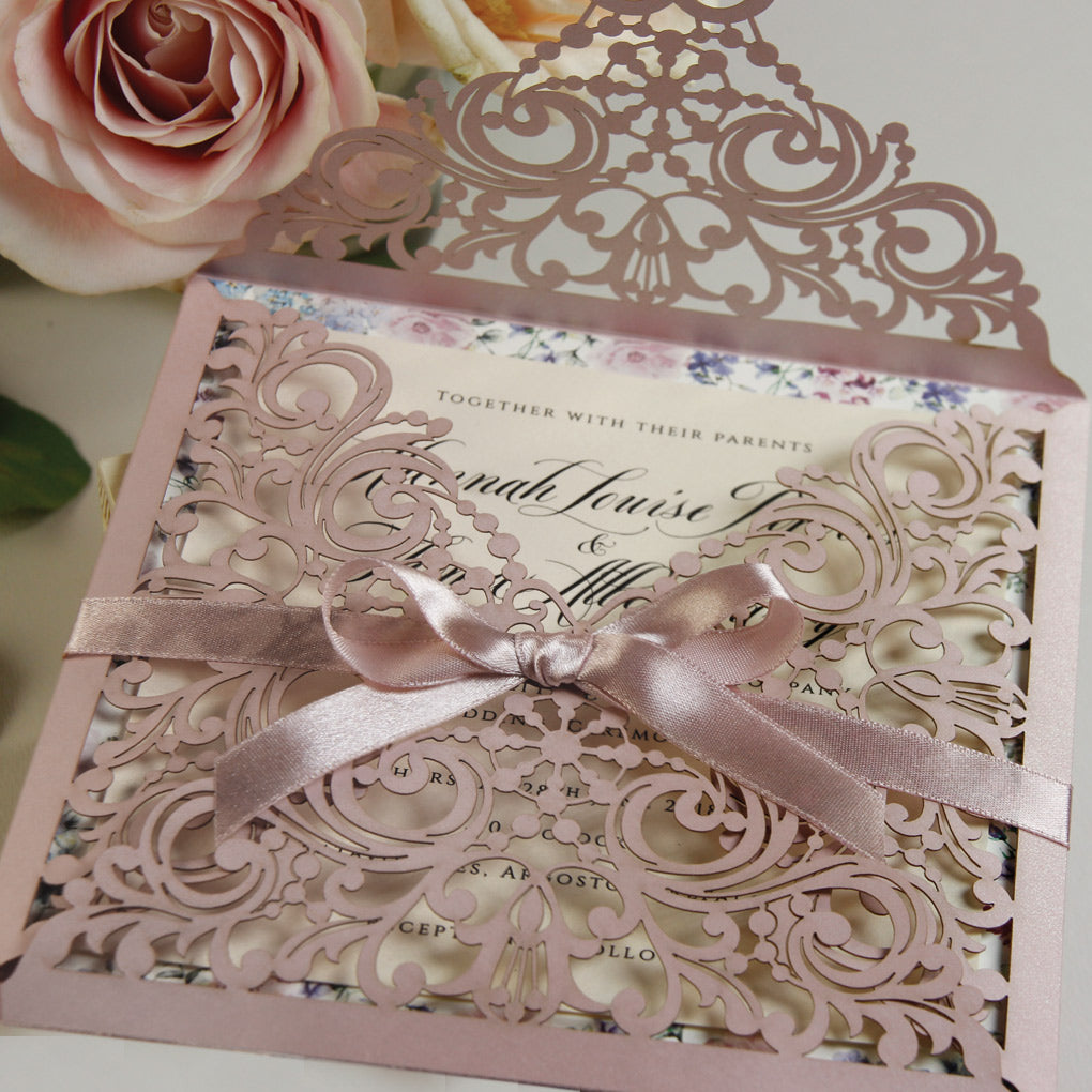 Beautiful Pink Laser Cut Square Wedding Day Invitation Pocket