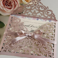 SAMPLE of BEAUTIFUL PINK LASER CUT SQUARE WEDDING DAY INVITATION POCKET