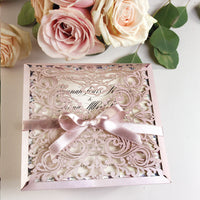 Beautiful Pink Laser Cut Square Wedding Day Invitation Pocket