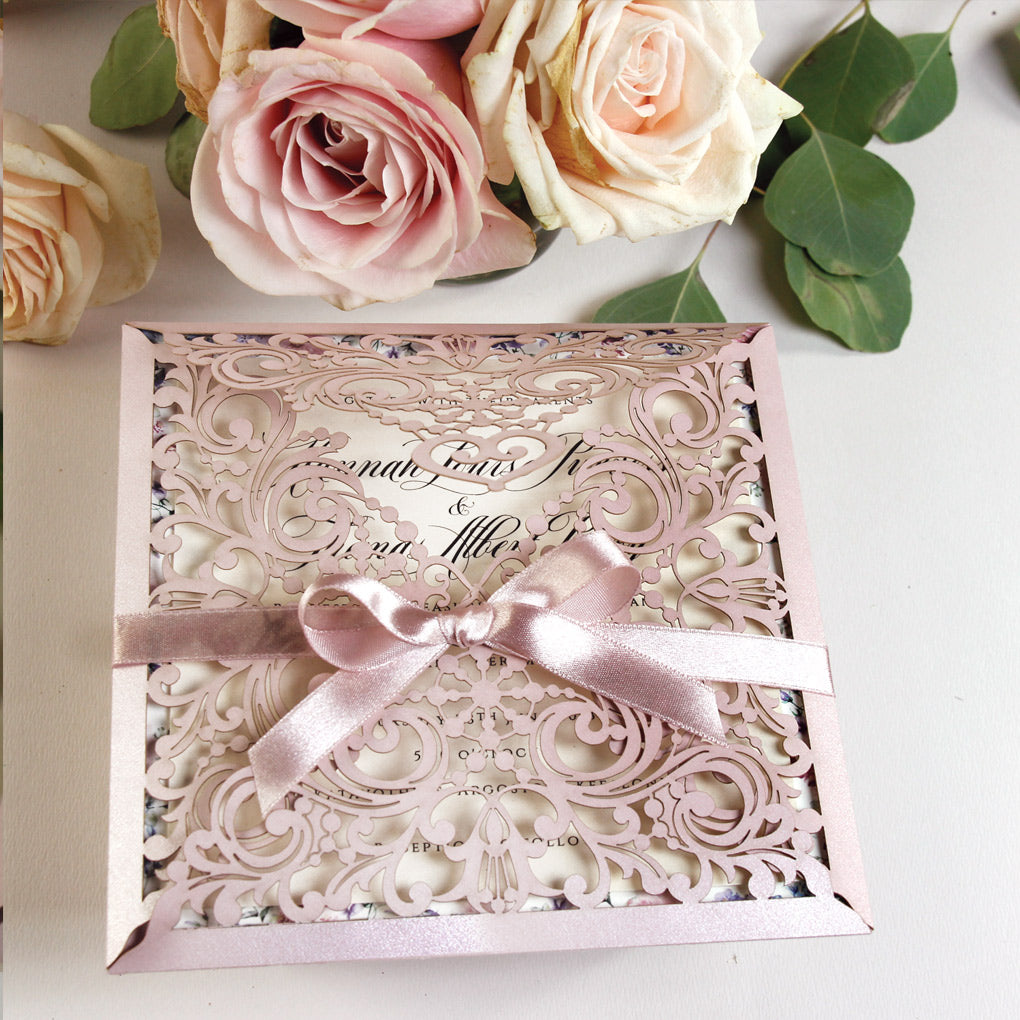 Beautiful Pink Laser Cut Square Wedding Day Invitation Pocket