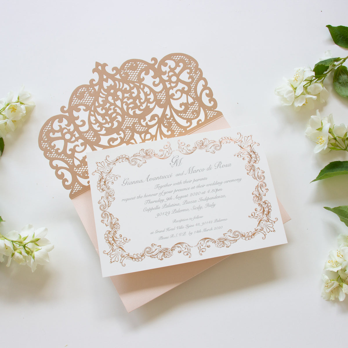 Peach Laser Cut Pocket Wedding Invitations with Rose Gold Ornament