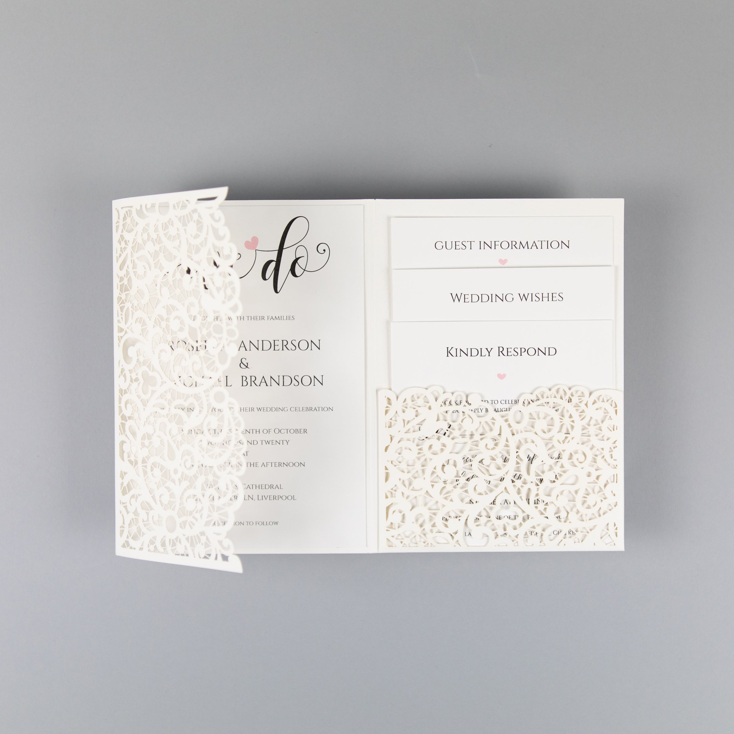 White Pocketfold Lace Floral Wedding Invitations