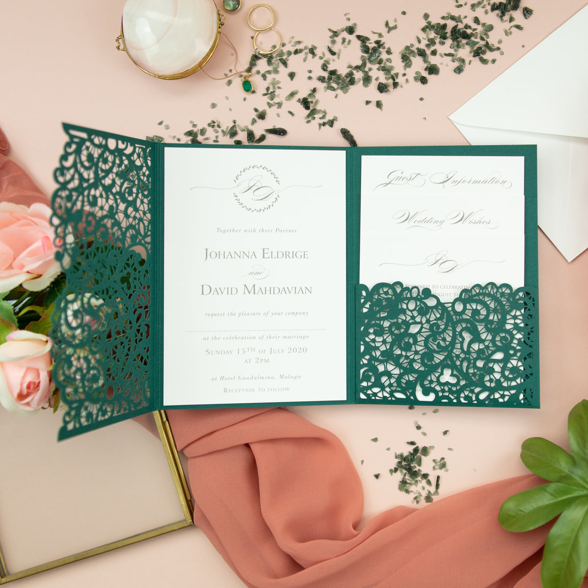 Forest Green Pocketfold Lace Floral Wedding Invitations