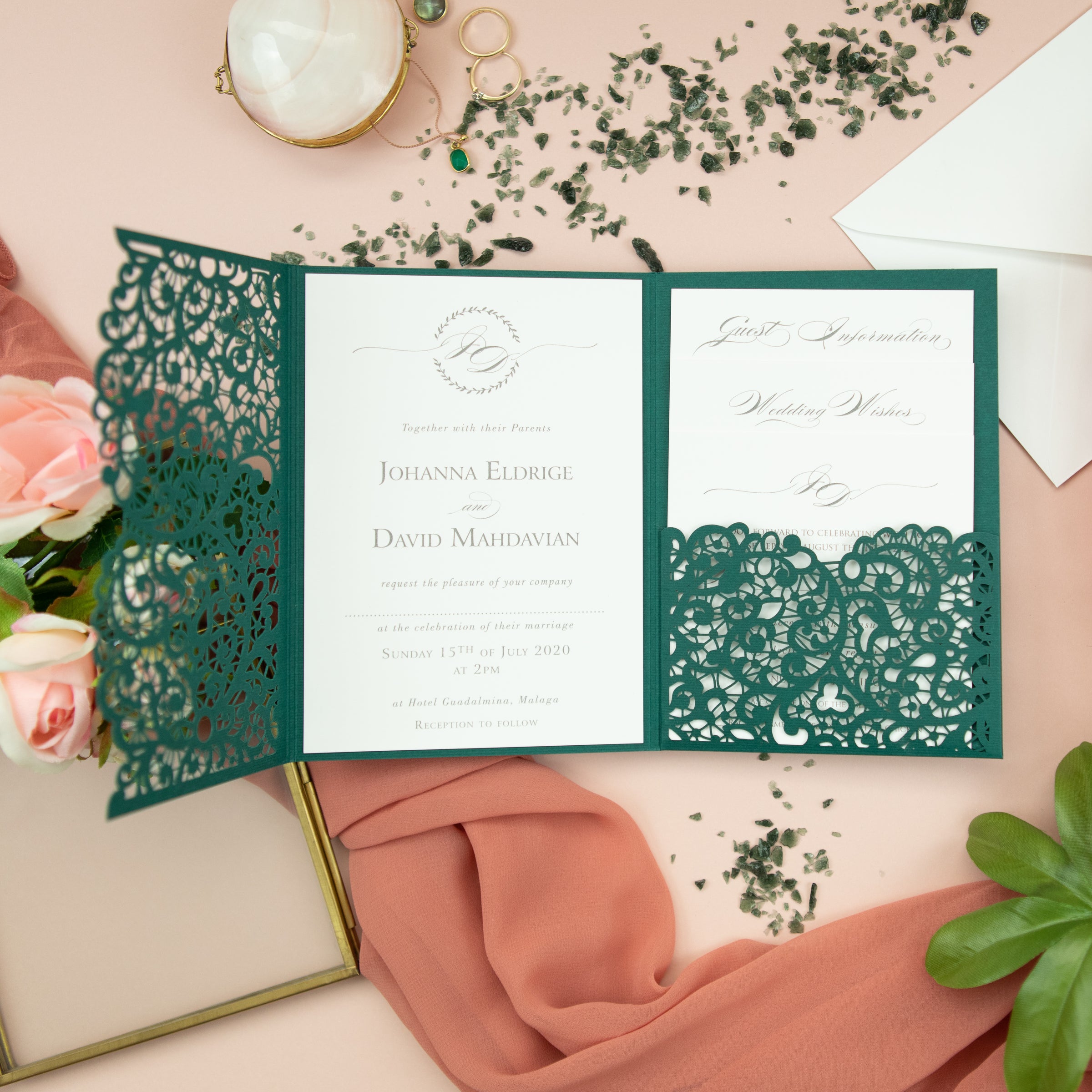 Forest Green Pocketfold Lace Floral Wedding Invitations