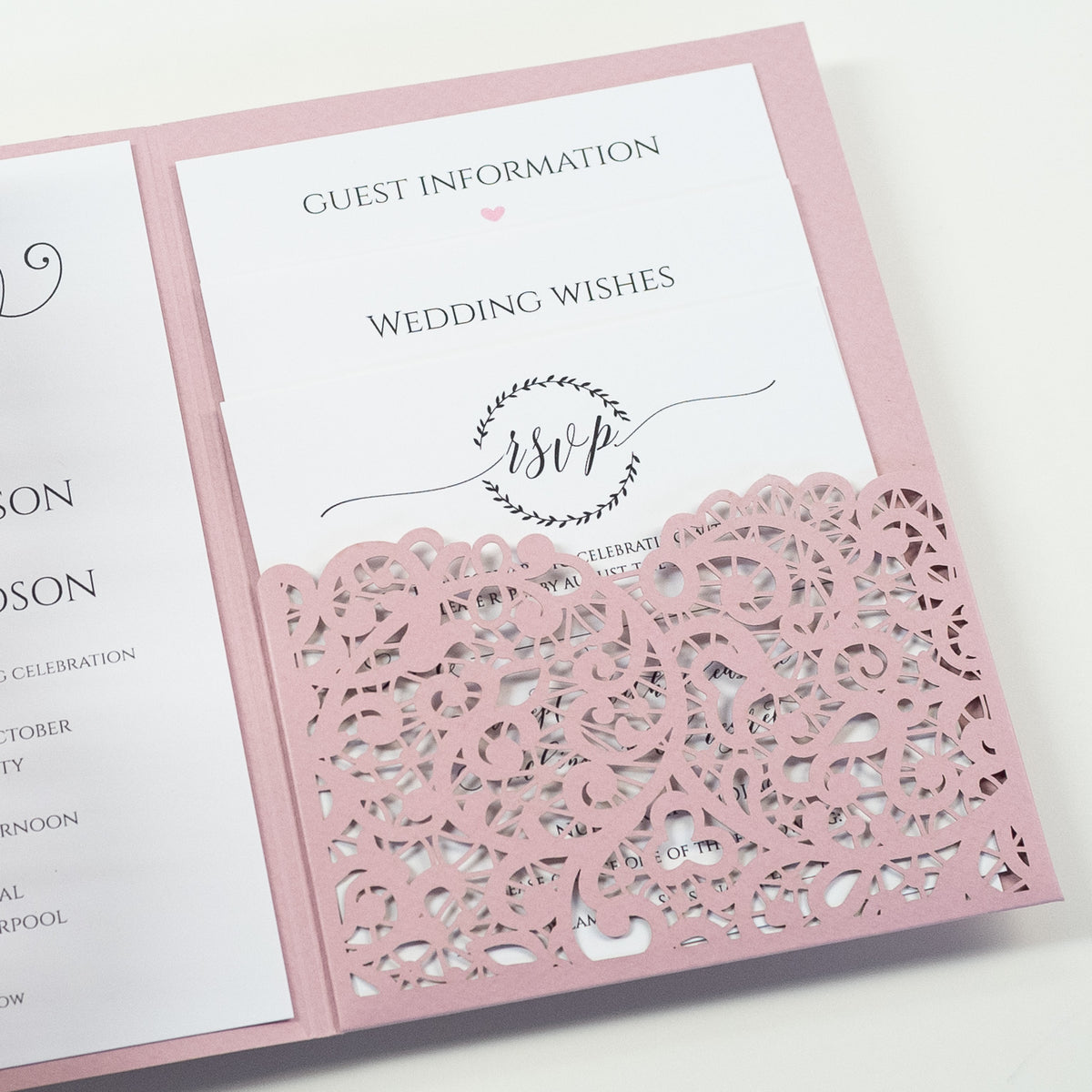 Pink Rose Pocketfold Lace Floral Wedding Invitations