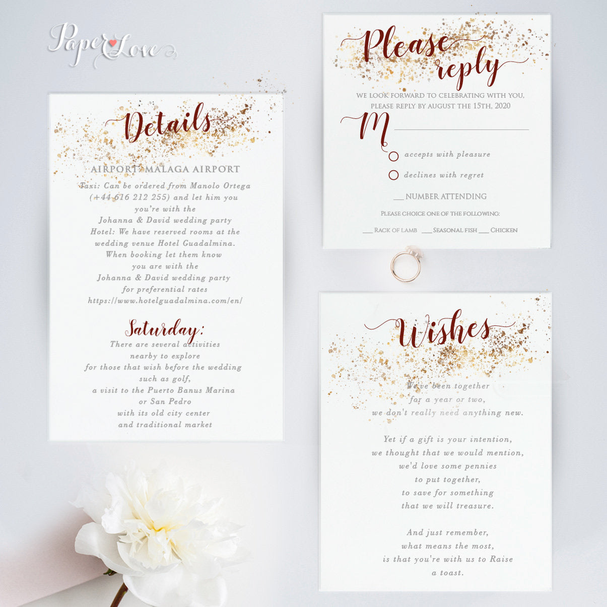 Personalised Laser Cut Pocketfold Wedding Card with 4 inserts and Envelopes - Bordeaux Wine