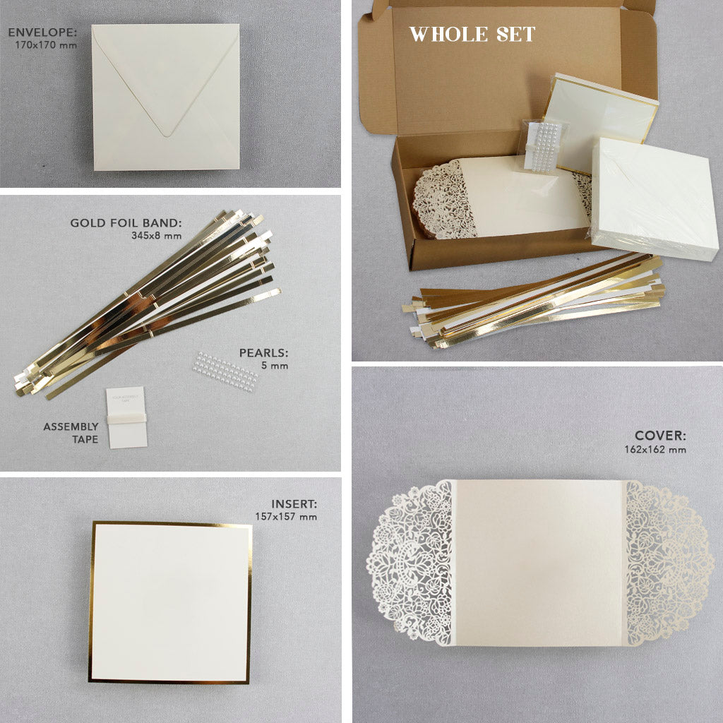 Cream Square Wedding Invitation Laser Cut Gatefold with Gold Foil Border