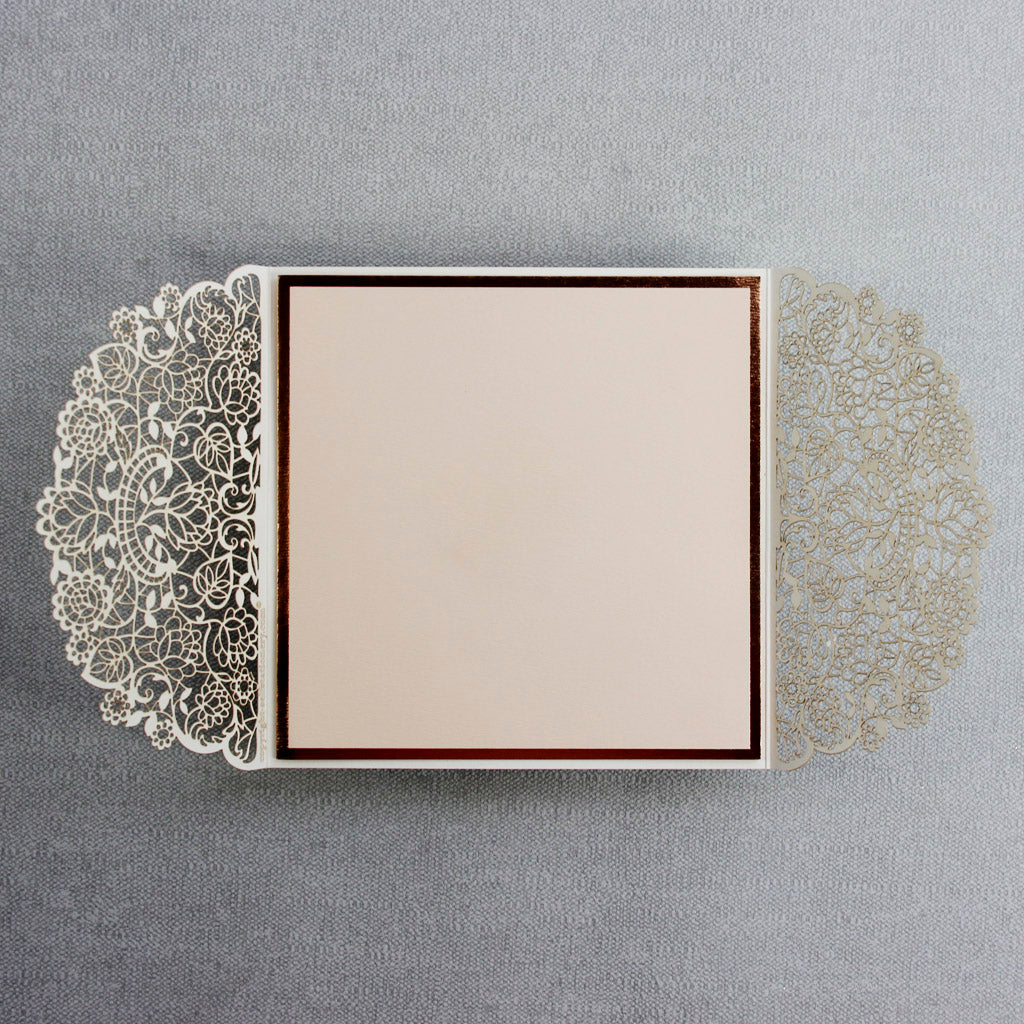 Square Gatefold Elegant Lace Invitations with Rose Gold Foil Border