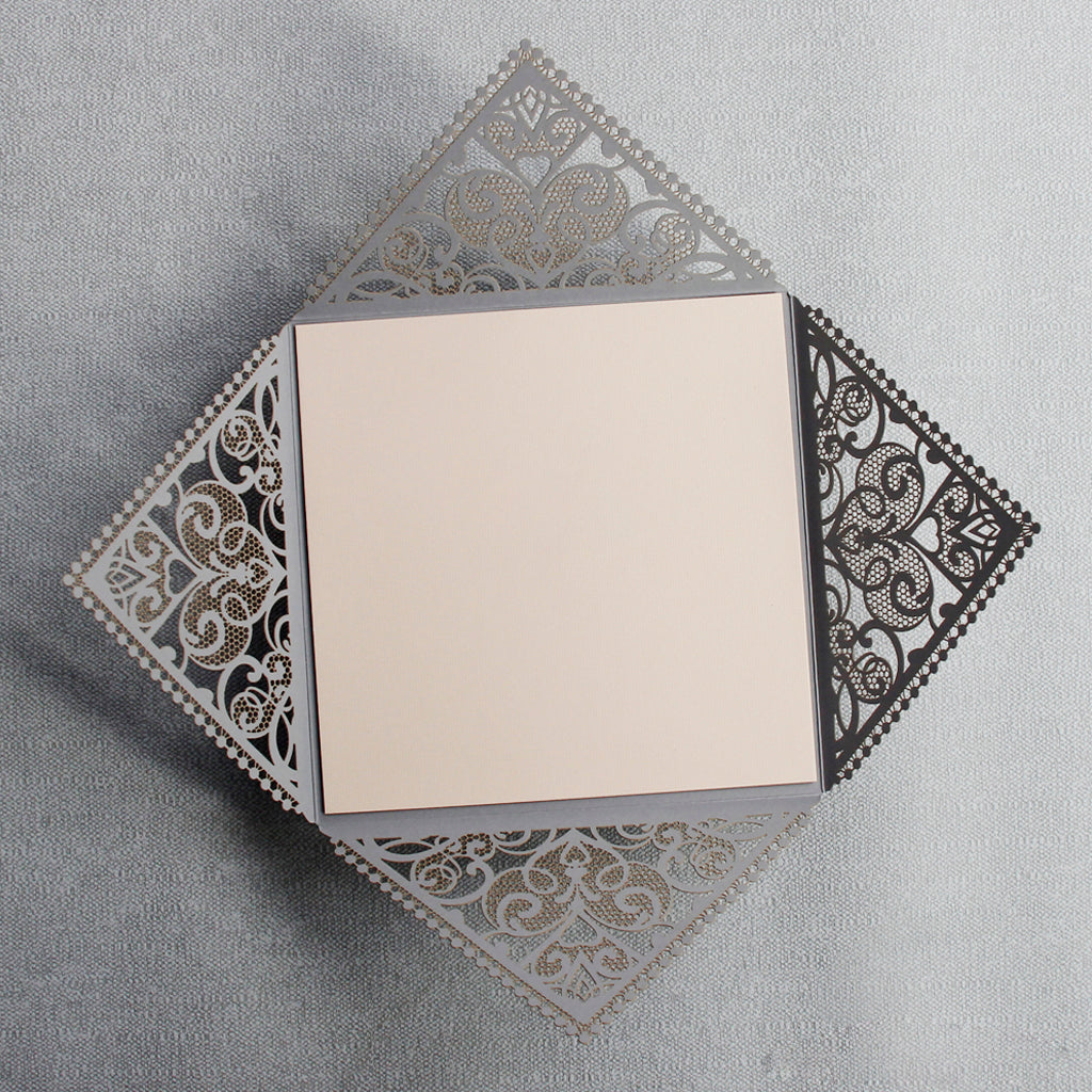 Grey Square Elegant Wedding Invitations with Peach Insert and Gold Glitter