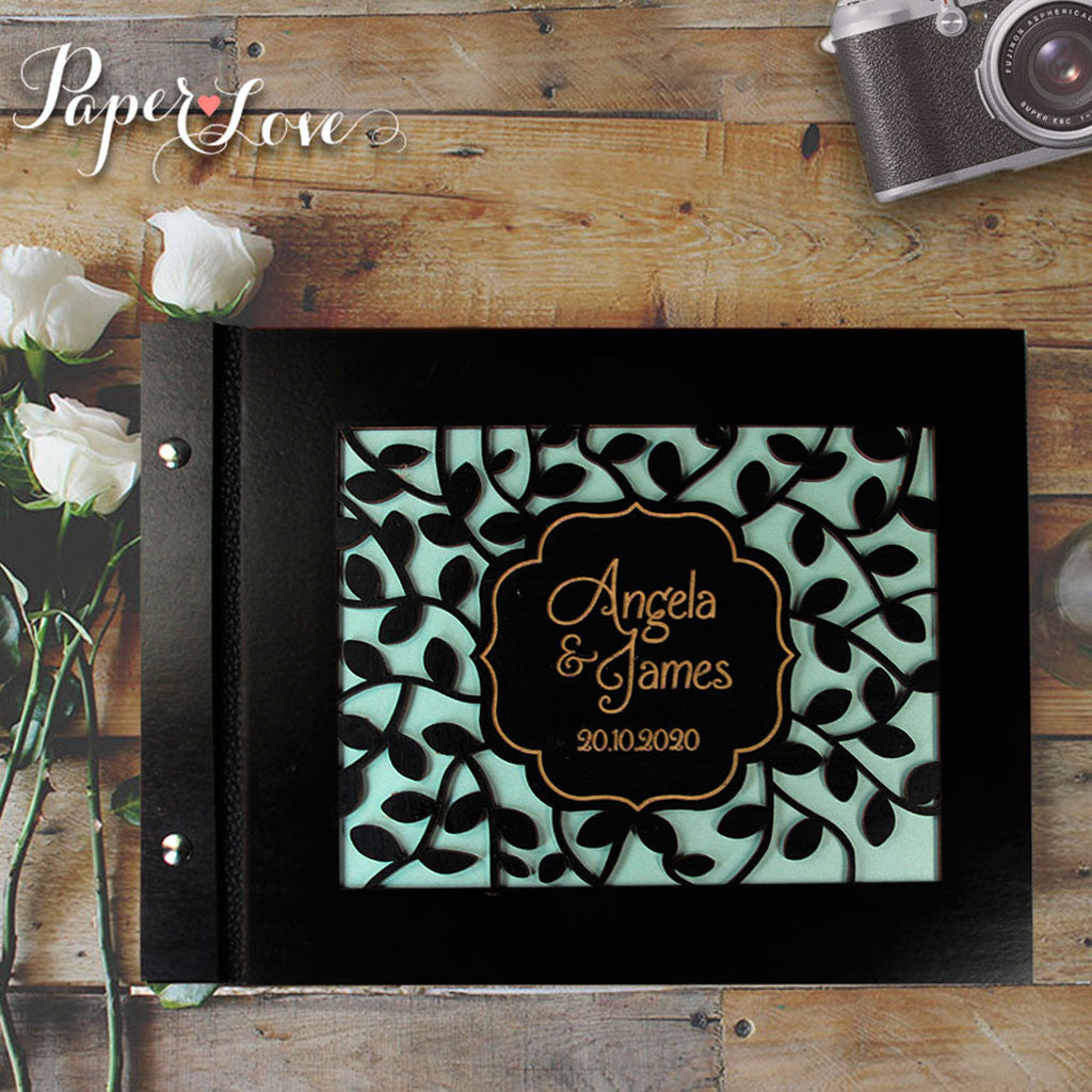 Wooden Wedding Guest Book with Stylish Laser Cut Cover Black Chocolate Natural Wood