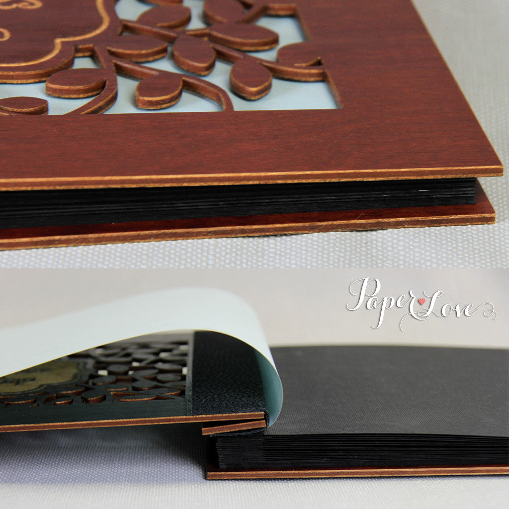 Wooden Wedding Guest Book with Stylish Laser Cut Cover Black Chocolate Natural Wood