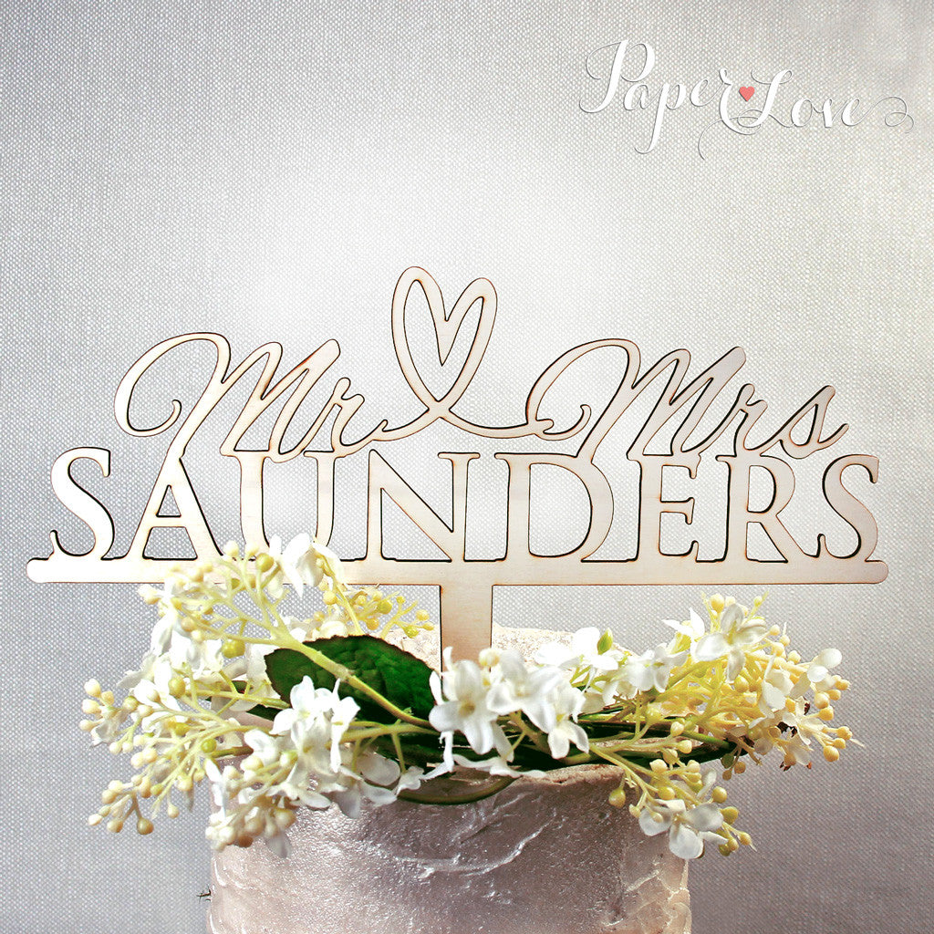 Wooden Wedding Mr and Mrs Heart Motive Cake Topper Wedding Anniversary