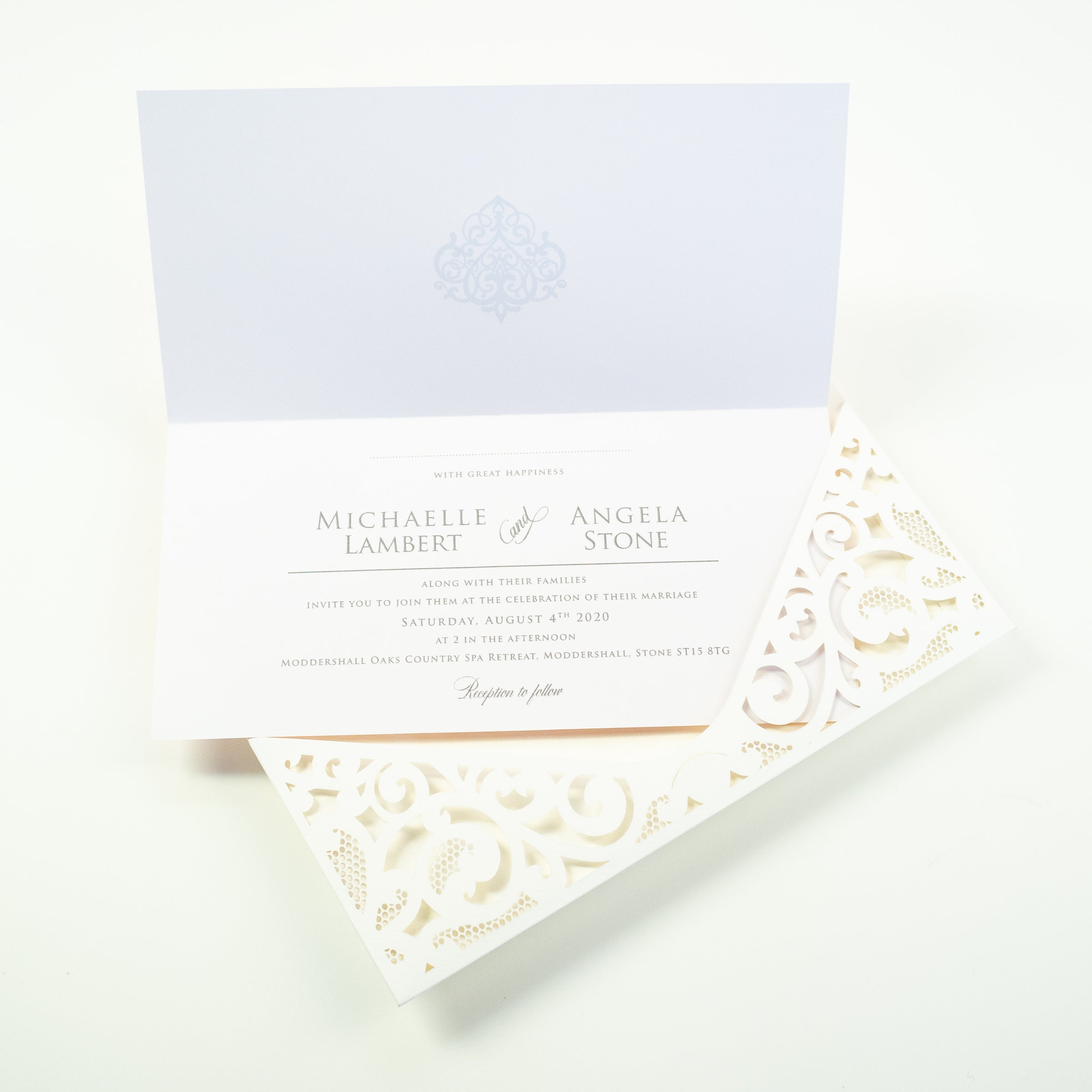 White Pocket Inivtation With Peachy Insert Rose Gold Foil Ornament