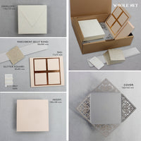Grey Square Elegant Wedding Invitations with Peach Insert and Gold Glitter