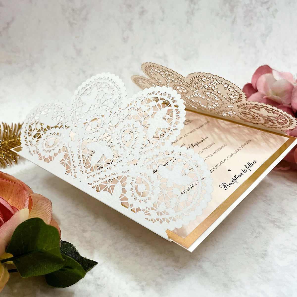 Laser cut White Lace Effect Wedding Invitation, Matching Dusty Peach Ribbon & Envelope