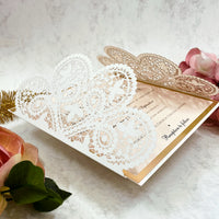 Laser cut White Lace Effect Wedding Invitation, Matching Dusty Peach Ribbon & Envelope