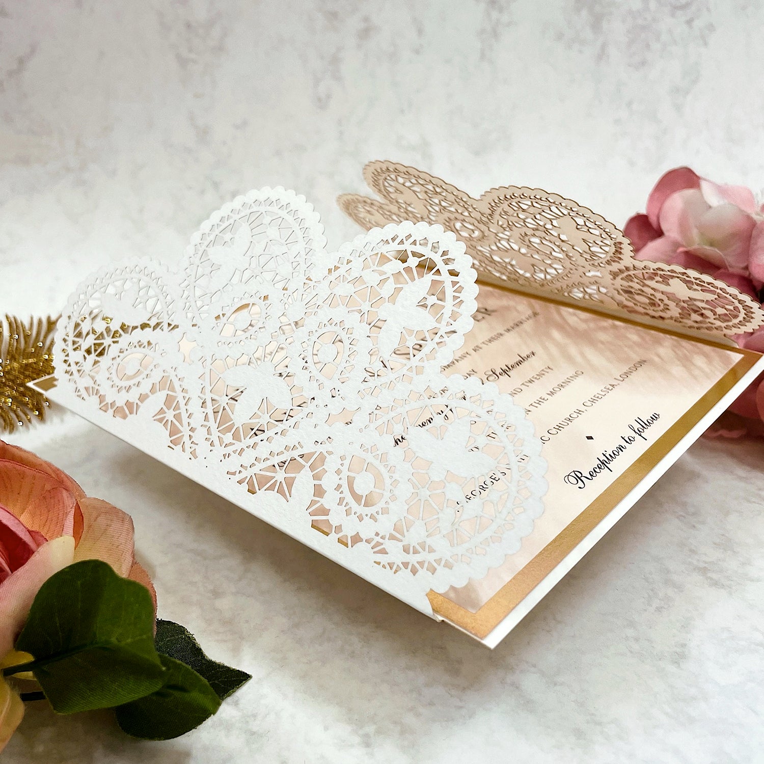 Laser cut White Lace Effect Wedding Invitation, Matching Dusty Peach Ribbon & Envelope