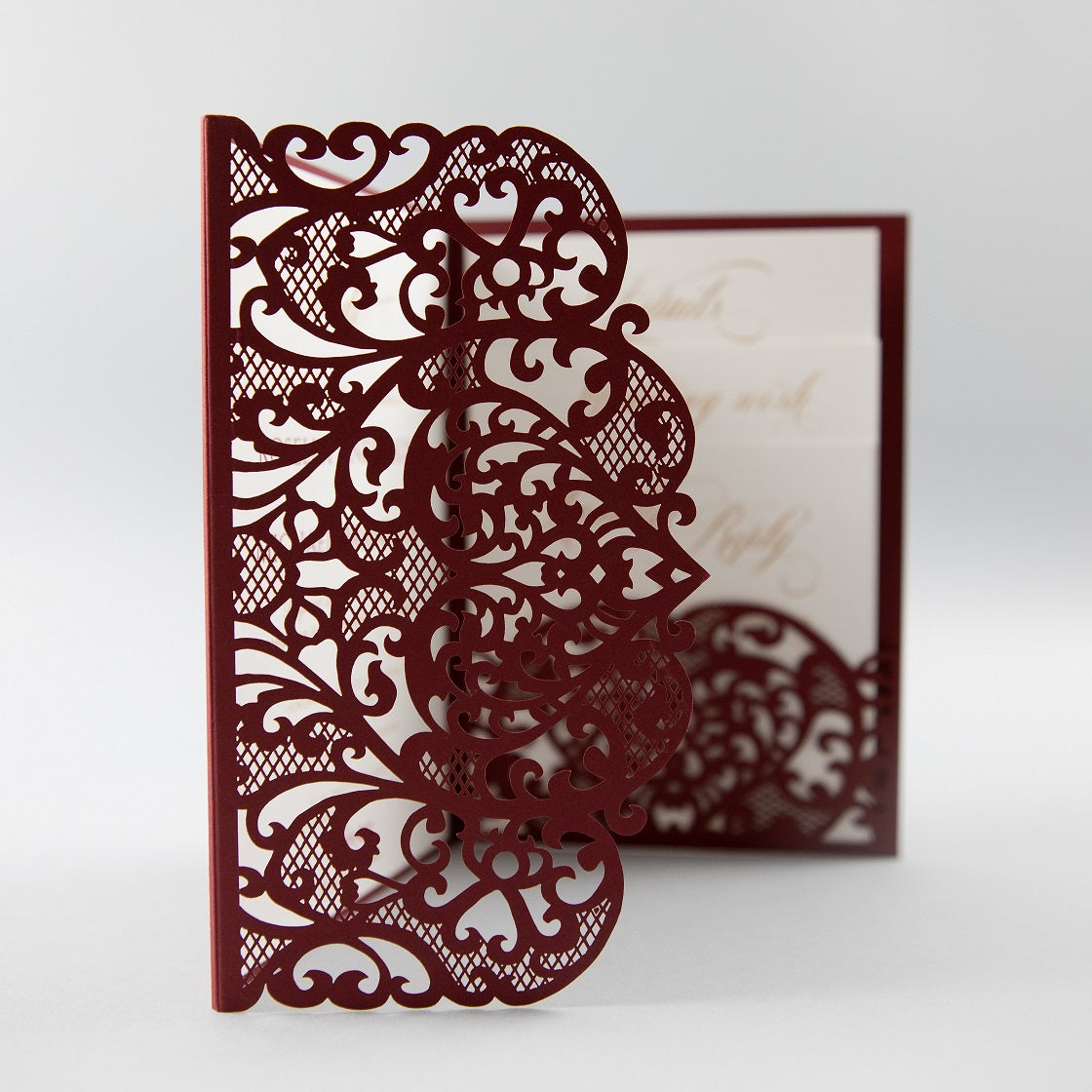 Burgundy Pocketfold Laser Cut Invitations for 4 inserts