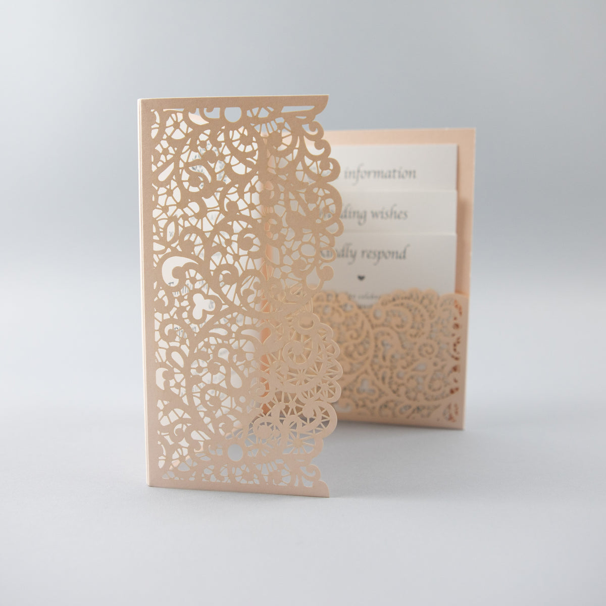 Peach Pocketfold Lace Floral Wedding Invitations