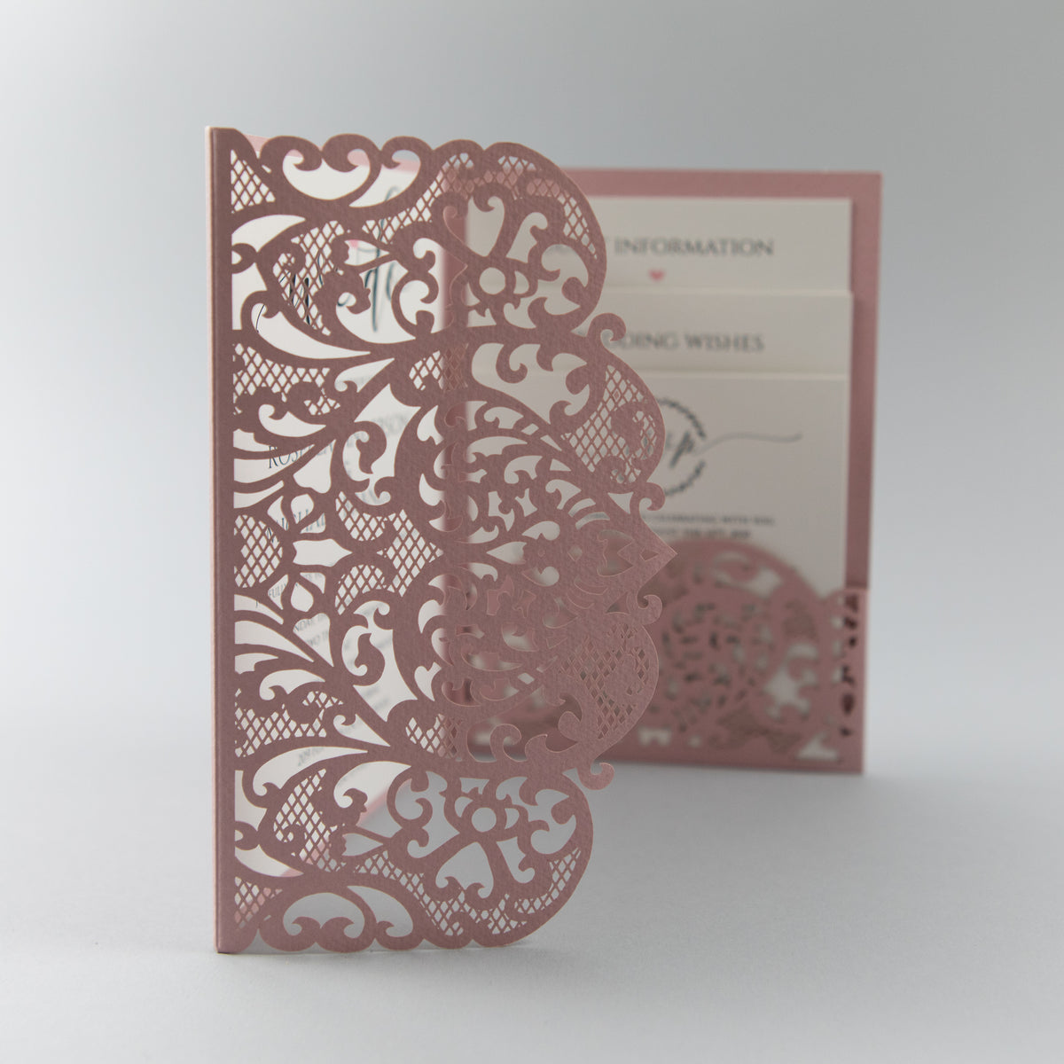 Pink Pocketfold Elegant Lace Floral Wedding Invitations